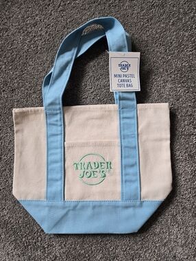 Trader Joe's Mini Pastel Canvas Tote Bag - Cream with Light Blue Trim